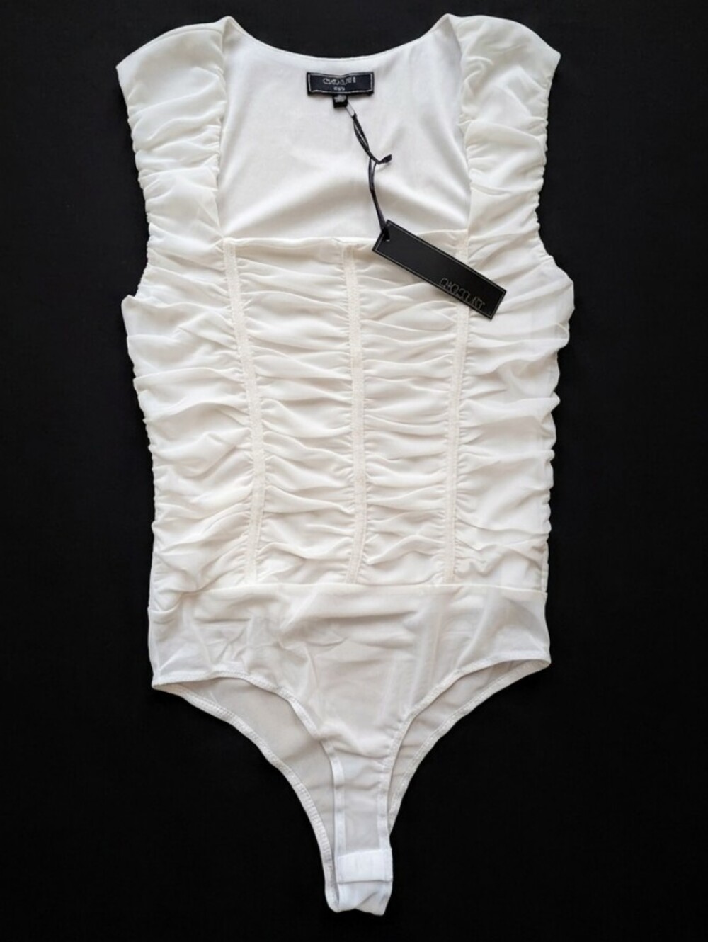 NWT - Chocolate U.S.A. Mesh Ruched Square-Neck Bodysuit Size Small